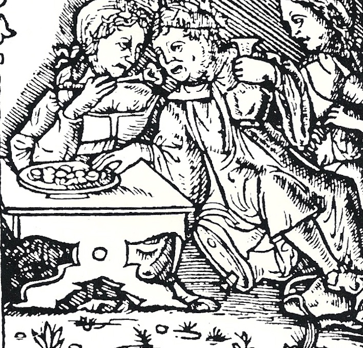 Woodcut from Maccaronee, by Merlin Cocai, 1521. Revelers eating gnocchi. From Pasta Classica: The Art of Italian Pasta Cooking, by Julia della Croce (Chronicle Books, 1986)