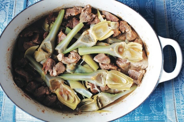 Roman Braised Lamb with White WIne and Artichokes, from Italian Home Cooking: 125 Recipes to Comfort Your Soul, by Julia della Croce  Photo: Hirsheimer & Hamilton