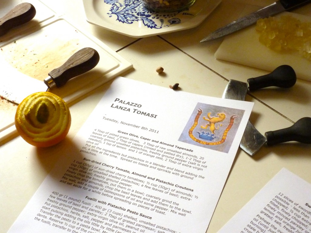 Recipes for lunch at A Day Cooking with the Duchess, Palazzo Lanza Tomasi, Palermo  Photo: Julia della Croce