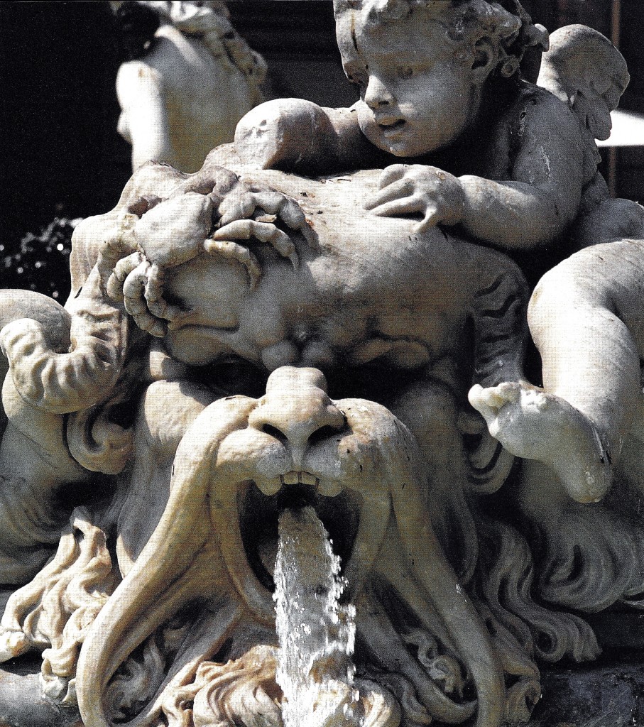 Angel with crab at the Neptune fountain, Piazza Navona. Photo by Paolo Destefanis, in Roma: Authentic Recipes from In and Around the Eternal City, by Julia della Croce (Chronicle Books)