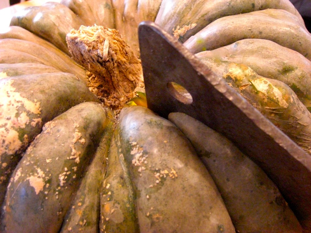 Our home-grown pumpkin, under the cleaver.  Photo: Celina della Croce