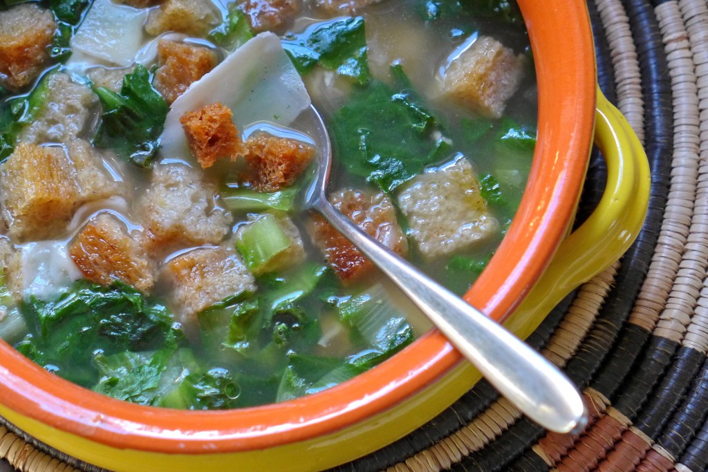 Turkey Escarole Soup with Sizzling Olive Oil Croutons, by Julia della Croce  Photo: Nathan Hoyt