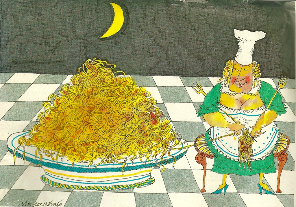 Illustration from "Setbacks for Spaghetti," an article by Massimo Alberini in Italian Wines Spirits, Vol. 23, December, 1999