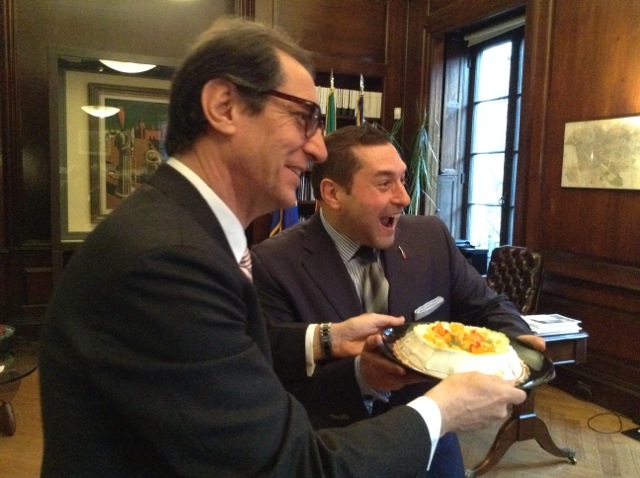 Italian Trade Commissioner Pier Paolo Celeste and Gennaro Pecchia with the cassata siciliano.  | Photo: Julia della Croce
