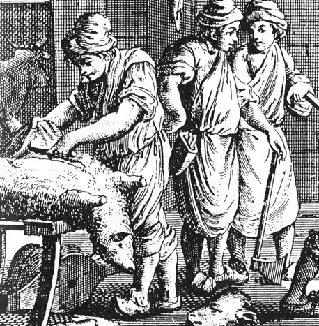 The "agnellatura," lamb slaughtering. Roman woodcut. Artist unknown. | Courtesy: La cucina romana e del Lazio, Livio Jannattoni (Newton & Compton Editori, 1988)