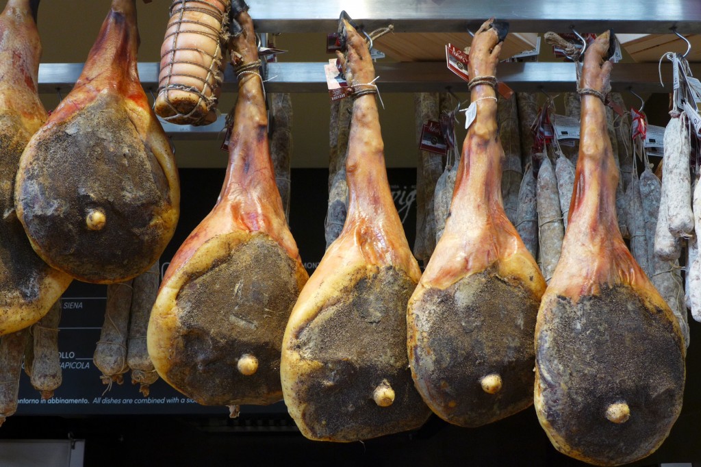 Bone in Tuscan Prosciutto for sale at the San Lorenzo market, Florence. Credit: Nathan Hoyt